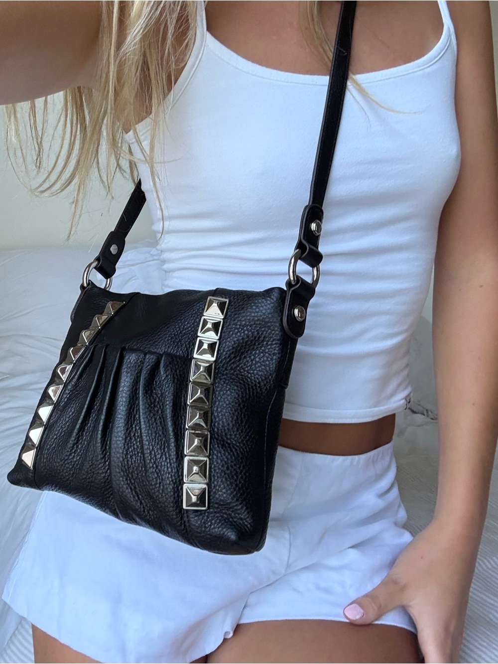 vintage Black Studded genuine Leather Crossbody Bag